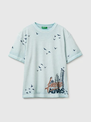 Benetton, Oversized T-shirt With Print, Size: XL, Light Blue, Kids United Colors of Benetton