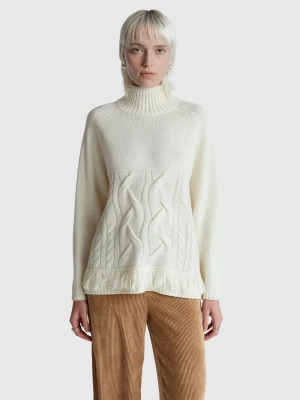 Benetton, Oversized Turtleneck Sweater With Fringe, Size: XL, Creamy White, Women United Colors of Benetton