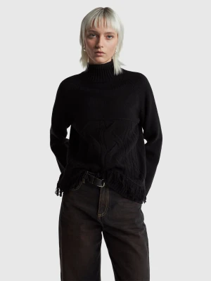 Benetton, Oversized Turtleneck Sweater With Fringe, Size: XXS, Black, Women United Colors of Benetton