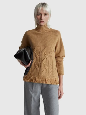 Benetton, Oversized Turtleneck Sweater With Fringe, Size: XL, Camel, Women United Colors of Benetton