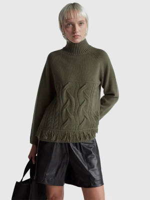 Benetton, Oversized Turtleneck Sweater With Fringe, Size: XXS, Military Green, Women United Colors of Benetton