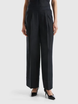 Benetton, Palazzo Trousers In 100% Linen, size L, Black, Women United Colors of Benetton