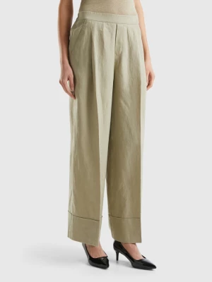 Benetton, Palazzo Trousers In 100% Linen, size L, Light Green, Women United Colors of Benetton