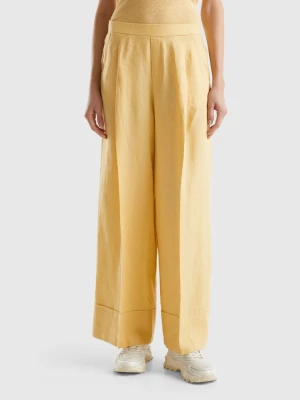 Benetton, Palazzo Trousers In 100% Linen, size L, Yellow, Women United Colors of Benetton