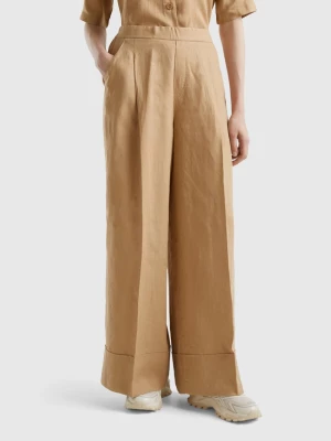 Benetton, Palazzo Trousers In 100% Linen, size M, Camel, Women United Colors of Benetton