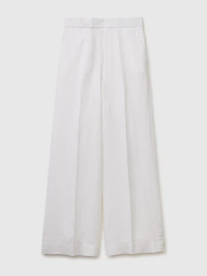 Benetton, Palazzo Trousers In 100% Linen, Size: XS, White, Women United Colors of Benetton