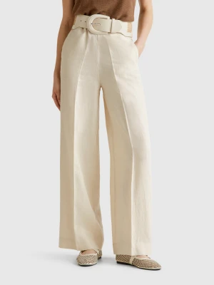 Benetton, Palazzo Trousers In 100% Linen, size XXS, Beige, Women United Colors of Benetton