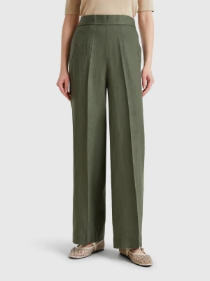 Benetton, Palazzo Trousers In 100% Linen, size XS, Military Green, Women United Colors of Benetton