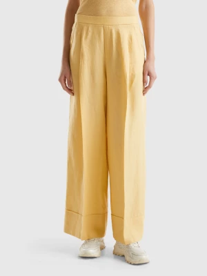 Benetton, Palazzo Trousers In 100% Linen, size XXS, Yellow, Women United Colors of Benetton