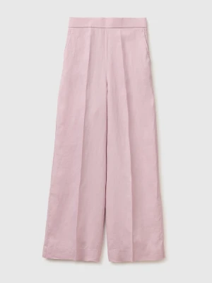 Benetton, Palazzo Trousers In Pure Linen, Size: XS, Pink, Women United Colors of Benetton