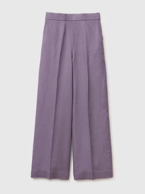 Benetton, Palazzo Trousers In Pure Linen, Size: XS, Violet, Women United Colors of Benetton