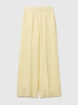 Benetton, Palazzo Trousers In Pure Linen, Size: XS, Yellow, Women United Colors of Benetton