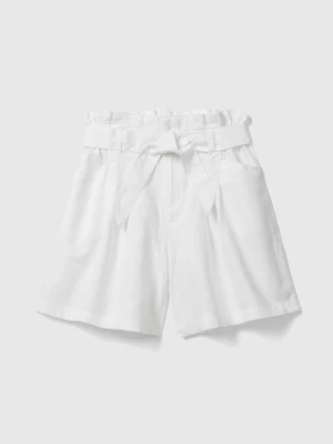 Benetton, Paperbag Bermudas In Linen Blend, size M, White, Kids United Colors of Benetton