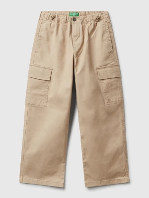 Benetton, Parachute Trousers In Stretch Cotton, Size: XL, Beige, Kids United Colors of Benetton