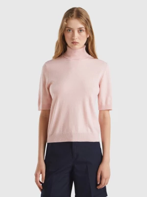 Benetton, Pastel Pink Short Sleeve Turtleneck In Cashmere Blend, size M, Pastel Pink, Women United Colors of Benetton