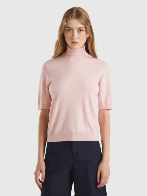 Benetton, Pastel Pink Short Sleeve Turtleneck In Cashmere Blend, size XS, Pastel Pink, Women United Colors of Benetton