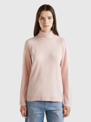 Benetton, Pastel Pink Turtleneck In Wool And Cashmere Blend, size M, Pastel Pink, Women United Colors of Benetton