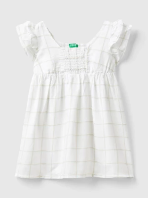 Benetton, Patterned Dress In Linen Blend, size 110, White, Kids United Colors of Benetton