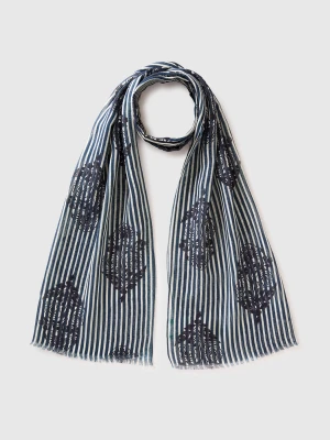 Benetton, Patterned Linen Blend Scarf, Size: OS, Black, Women United Colors of Benetton