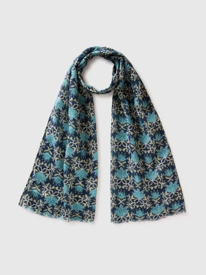 Benetton, Patterned Linen Blend Scarf, Size: OS, Blue, Women United Colors of Benetton