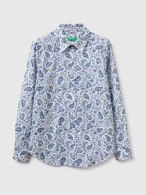 Benetton, Patterned Shirt In Lightweight Cotton, Size: XS, Blue, Women United Colors of Benetton