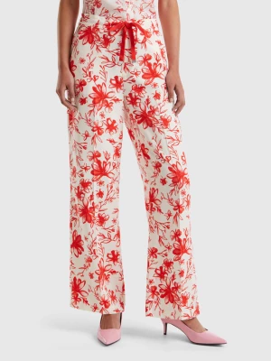 Benetton, Patterned Trousers In Sustainable Viscose, size XXS, Creamy White, Women United Colors of Benetton