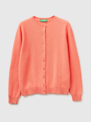 Benetton, Peach Crew Neck Cardigan In Pure Merino Wool, Size: XS, Peach, Women United Colors of Benetton