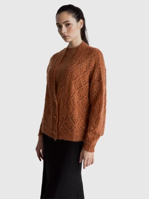 Benetton, Perforated Cardigan With Sequins, Size: M, Camel, Women United Colors of Benetton