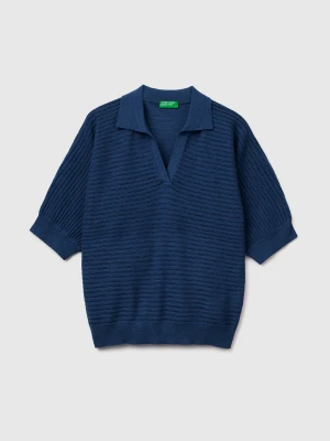 Benetton, Perforated Polo Shirt In Linen Blend, Size: XS, Blue, Women United Colors of Benetton