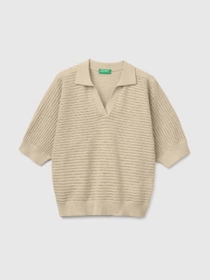 Benetton, Perforated Polo Shirt In Linen Blend, Size: XS, Beige, Women United Colors of Benetton