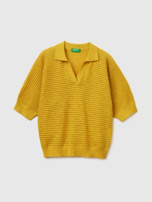 Benetton, Perforated Polo Shirt In Linen Blend, Size: XS, Mustard, Women United Colors of Benetton