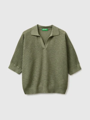 Benetton, Perforated Polo Shirt In Linen Blend, Size: XS, Olive Green, Women United Colors of Benetton