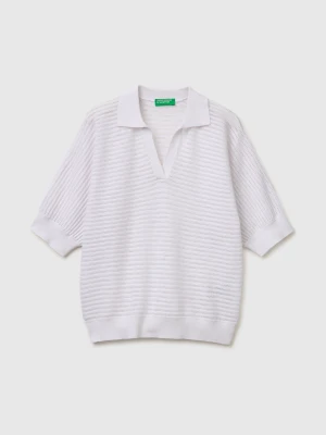 Benetton, Perforated Polo Shirt In Linen Blend, Size: XS, White, Women United Colors of Benetton