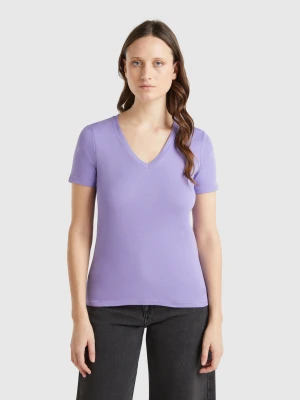 Benetton, Periwinkle Pure Cotton T-shirt With V-neck, size XXS, Periwinkle, Women United Colors of Benetton