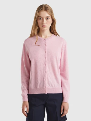 Benetton, Pink Crew Neck Cardigan In Pure Merino Wool, Size: XXS, Pink, Women United Colors of Benetton