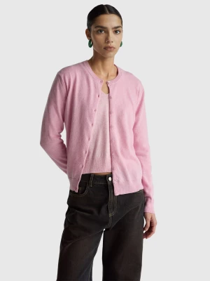 Benetton, Pink Crew Neck Cardigan In Pure Merino Wool, Size: XXS, Pink, Women United Colors of Benetton