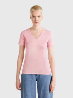 Zdjęcie produktu Benetton, Pink Pure Cotton T-shirt With V-neck, size XS, Pink, Women United Colors of Benetton