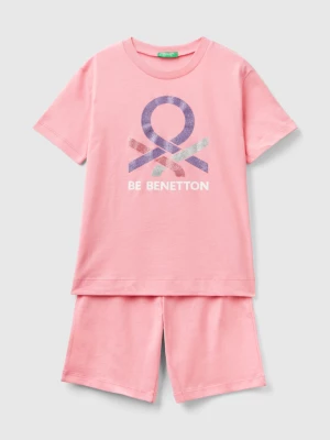 Benetton, Pink Short Pyjamas With Glittery Logo, size XS, Pink, Kids United Colors of Benetton
