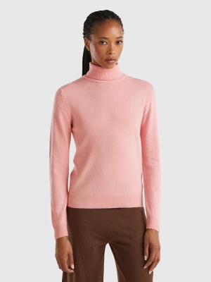 Benetton, Pink Turtleneck Sweater In Pure Merino Wool, size XS, Pink, Women United Colors of Benetton