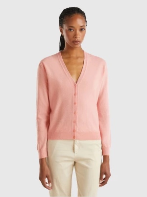 Benetton, Pink V-neck Cardigan In Pure Merino Wool, size L, Pink, Women United Colors of Benetton