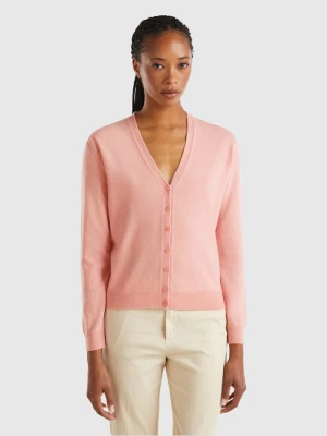 Benetton, Pink V-neck Cardigan In Pure Merino Wool, size M, Pink, Women United Colors of Benetton