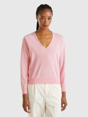 Benetton, Pink V-neck Sweater In Pure Merino Wool, Size: XXS, Pink, Women United Colors of Benetton