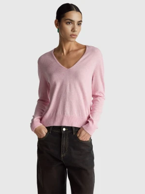 Benetton, Pink V-neck Sweater In Pure Merino Wool, Size: XXS, Pink, Women United Colors of Benetton