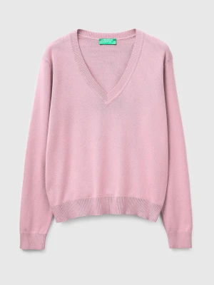 Benetton, Pink V-neck Sweater In Tricot Cotton, Size: XS, Pink, Women United Colors of Benetton