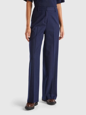 Benetton, Pinstripe Trousers With Wide Leg, size , Dark Blue, Women United Colors of Benetton