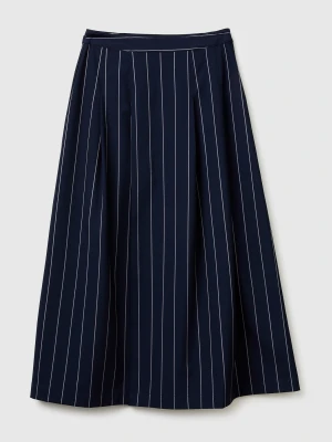 Benetton, Pinstriped Skirt With Slit, Dark Blue, Women United Colors of Benetton