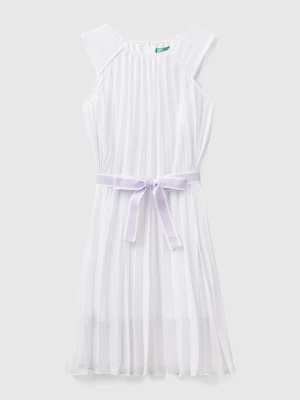 Benetton, Pleated Dress With Belt, size M, White, Kids United Colors of Benetton