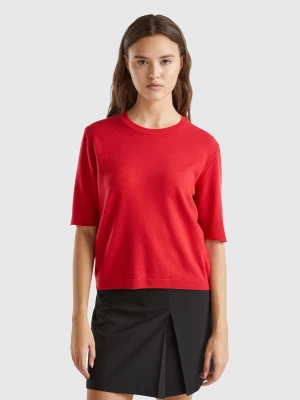 Benetton, Plum Short Sleeve Sweater In Pure Merino Wool, size S, Red, Women United Colors of Benetton