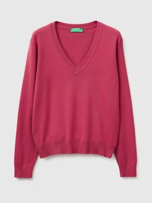 Benetton, Plum V-neck Sweater In Cotton Tricot, Size: XS, Plum, Women United Colors of Benetton