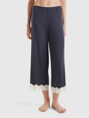 Benetton, Polka Dot Trousers With Lace Details, size M, Blue, Women United Colors of Benetton